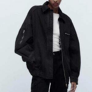 Zara Black Denim Bomber Zipper Jacket